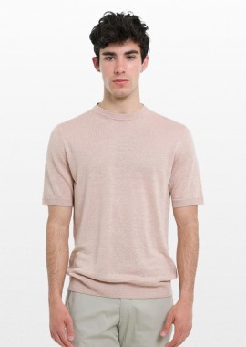+39MASQ - +39MASQ Ανδρικό Ροζ Classic Crew Neck Linen T-Shirt