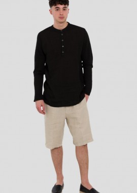 120% LINO - 120% LINO Ανδρικό Μαύρο Serafino Regular Fit Linen Shirt