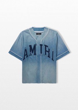 AMIRI Ανδρικό Μπλε Logo-Appliquéd Distressed Denim Shirt