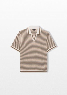 REISS Ανδρικό Καφέ Stripe Open-Collar Polo Shirt