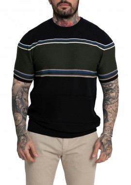ROBERTO COLLINA Ανδρικό Μπλε Panel Stripe Knit T-Shirt/Dark Navy Blue