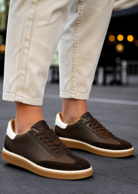 Ανδρικά καφέ δερμάτινα Sneakers με suede λεπτομέρεια HG177817K