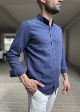 Ανδρικό λινό σκόυρο μπλε πουκάμισο με γιακά 9631D