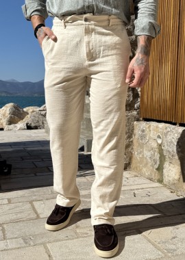 Ανδρικό υφασμάτινο μπεζ παντελόνι με κορδόνι και κουμπί FCL6700