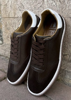 Ανδρικά καφέ δερμάτινα Sneakers με suede λεπτομέρεια HG177817K