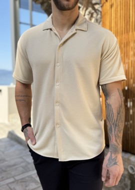 Ανδρικό γκοφρέ μπεζ oversized κοντομάνικο πουκάμισο RMZ19138B