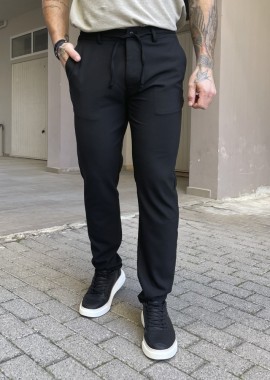 Ανδρικό μαύρο παντελόνι υφασμάτινο loose fit με λάστιχο στην μέση BC52401