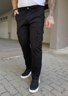 Ανδρικό cargo ίσιο μαύρο υφασμάτινο παντελόνι BO1682
