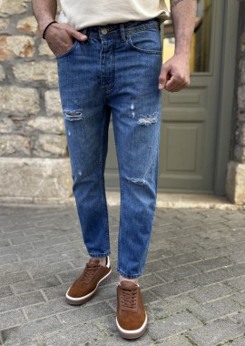 Ανδρικό μπλε με σκισίματα σταθερό Loose Jean πεντάτσεπο με κουμπιά JR3026