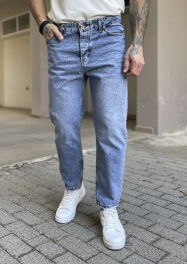 Ανδρικό μπλε loose τζιν ξεβαμμένο πεντάτσεπο με φθορές και κουμπιά 2477