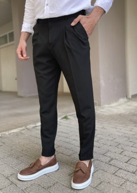 Ανδρικό μαύρο υφασμάτινο παντελόνι με πιέτες και λάστιχο στην μέση FCL00495