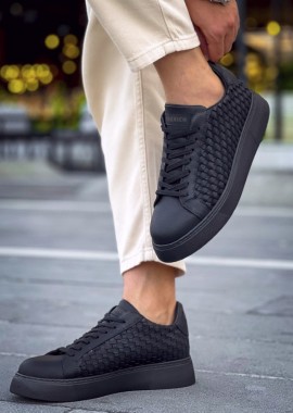Ανδρικά μαύρα sneakers δερματίνη πλεκτό σχέδιο CH203