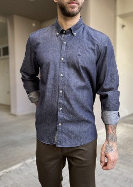 Ανδρικό μπλε με όψη denim βαμβακερό πουκάμισο με γιακά 2077B