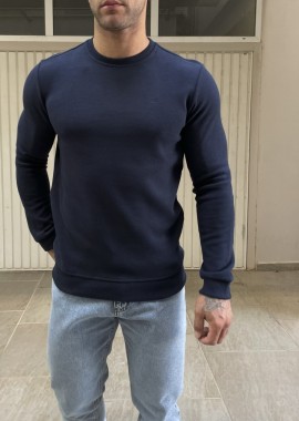 Ανδρική μπλε πλεκτή βαμβακερή μακρυμάνικη μπλούζα plus size 2308N