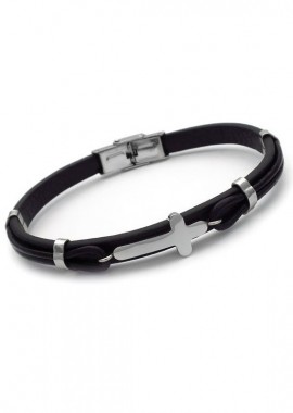 Μοντέρνο ανδρικό βραχιολι με δέρμα μαύρο BA253