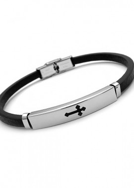 Λεπτό βραχιόλι με δέρμα και σταυρό BA369