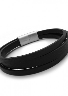 Ανδρικό βραχιόλι με μαύρο δέρμα και ατσάλι BA366