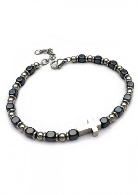 Βραχιόλι casual με γκρι χάντρες και σταυρό BA202