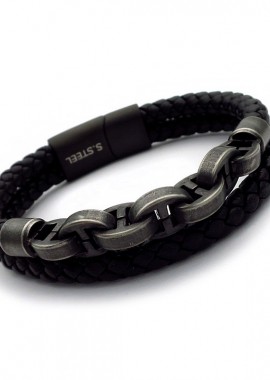 Ανδρικό βραχιόλι με μαύρο δέρμα BA420