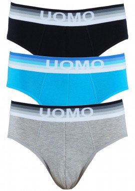 UOMO - Slip Uomo cotton με εξωτερικό λάστιχο. Οικονομική συσκευασία 3 pack. ΜΑΥΡΟ ΤΥΡΚΟΥΑΖ ΓΚΡΙ