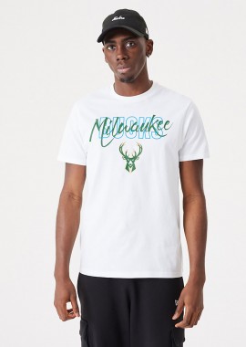 NEW ERA - NEW ERA MILWAUKEE BUCKS NBA SCRIPT TEE T-SHIRT ΑΣΠΡΟ
