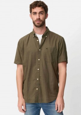 Camel Active ανδρικό κοντομάνικο πουκάμισο button down με ψιλό ριγέ σχέδιο και τσέπη με κεντημένο monogram Regular Fit - C261-409262-7S62 Λαδί