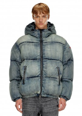 DIESEL - Diesel ανδρικό denim μπουφάν puffer καπιτονέ με κουκούλα και κεντημένο λογότυπο - W24A145100SKAI Denim Blue Ανοιχτό