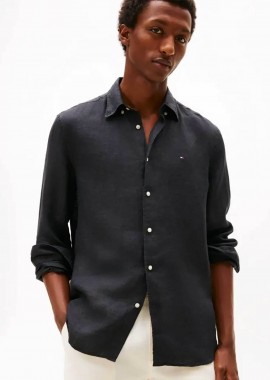 Tommy Hilfiger ανδρικό λινό πουκάμισο button down με κεντημένο logo flag Regular Fit - MW0MW41530 Μαύρο