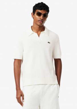 Lacoste ανδρική πλεκτή μπλούζα πόλο μπουκλέ με λογότυπο Classic Fit - AH0618 Λευκό