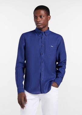 HARMONT & BLAINE - Harmont & Blaine ανδρικό λινό πουκάμισο button down με κεντημένο λογότυπο Regular Fit - CRQ014010883B Μπλε Σκούρο
