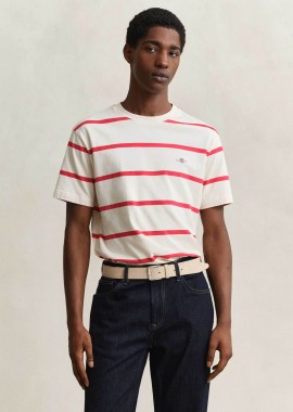 Gant ανδρικό T-shirt με ριγέ σχέδιο και κεντημένο λογότυπο Regular Fit - 2003398 Εκρού