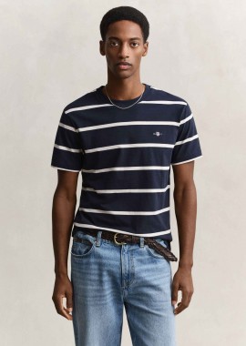 GANT - Gant ανδρικό T-shirt με ριγέ σχέδιο και κεντημένο λογότυπο Regular Fit - 2003398 Μπλε Σκούρο