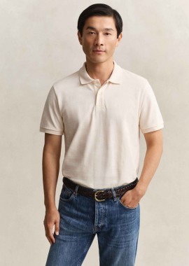 Gant ανδρική μπλούζα πόλο textured με ton-sur-ton ριγέ σχέδιο και λογότυπο Regular Fit - 2014096 Εκρού