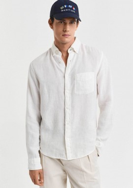 GANT - Gant ανδρικό λινό πουκάμισο button down με τσέπη και κεντημένο λογότυπο Regular Fit - 3240120 Λευκό