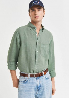 Gant ανδρικό λινό πουκάμισο button down με τσέπη και κεντημένο λογότυπο Regular Fit - 3240120 Πράσινο Ανοιχτό