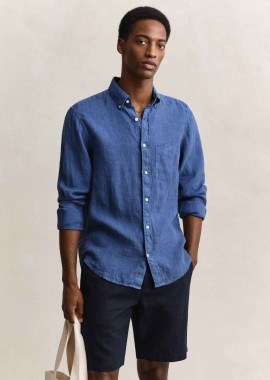 GANT - Gant ανδρικό λινό πουκάμισο button down με τσέπη και κεντημένο λογότυπο Regular Fit - 3240120 Μπλε Mirage