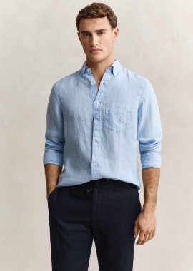 Gant ανδρικό λινό πουκάμισο button down με τσέπη και κεντημένο λογότυπο Regular Fit - 3240120 Γαλάζιο