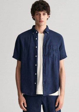 GANT - Gant ανδρικό λινό πουκάμισο button down με τσέπη και λογότυπο Regular Fit - 3240121 Μπλε Σκούρο