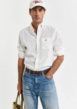 GANT - Gant ανδρικό πουκάμισο button down από λινάρι και βαμβάκι με τσέπη και λογότυπο Regular Fit - 3250082 Λευκό