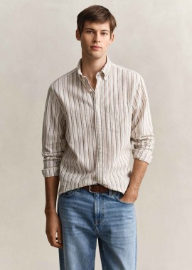 GANT - Gant ανδρικό πουκάμισο button down με ριγέ σχέδιο και τσέπη με λογότυπο Regular Fit - 3260081 Μπεζ