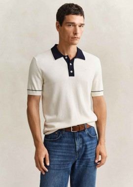 Gant ανδρική πλεκτή μπλούζα πόλο με λογότυπο Regular Fit - 8030287 Κρέμ
