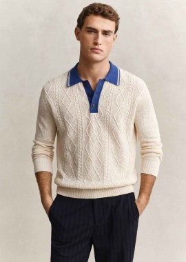 Gant ανδρική πλεκτή μπλούζα πόλο με cable knit pattern και μετάξι Regular Fit - 8050300 Εκρού