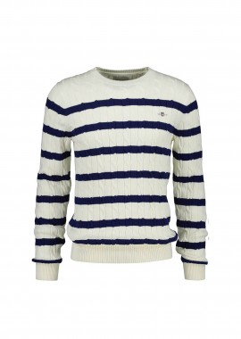 Gant ανδρικό πουλόβερ με ριγέ σχέδιο και cable knit pattern Regular Fit - 8050609 Κρέμ