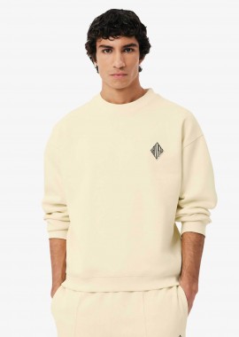 Lacoste ανδρική μπλούζα φούτερ πικέ με κεντημένο retro logo Loose Fit - SH0035-00 Κρέμ