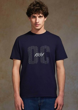 Oxford Company ανδρικό T-shirt μονόχρωμο με λογότυπο και print Regular Fit - K503-MZ20.17 Μπλε Σκούρο