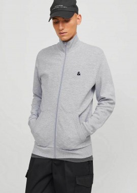 JACK & JONES - JACK & JONES ανδρική ζακέτα φούτερ μονόχρωμη με κεντημένο λογότυπο και ψηλό λαιμό Regular Fit - 12250737 Γκρι