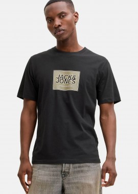 JACK & JONES ανδρικό T-shirt μονόχρωμο με logo print Regular Fit - 12288097 Μαύρο