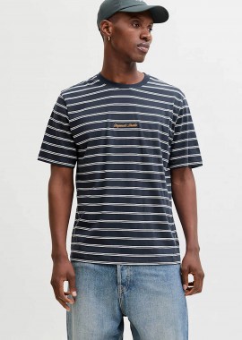 JACK & JONES - JACK & JONES ανδρικό T-shirt με ριγέ σχέδιο και λογότυπο Relaxed Fit - 12291021 Μπλε Σκούρο