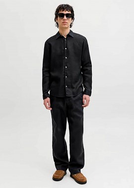 JACK & JONES ανδρικό λινό παντελόνι chino Loose Fit - 12253120 Μαύρο
