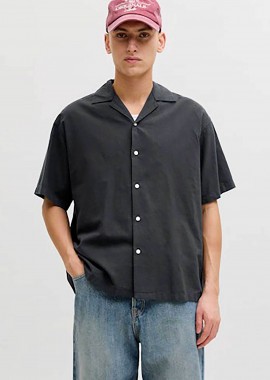 JACK & JONES - JACK & JONES ανδρικό κοντομάνικο πουκάμισο με λινάρι Relaxed Fit - 12288594 Μαύρο